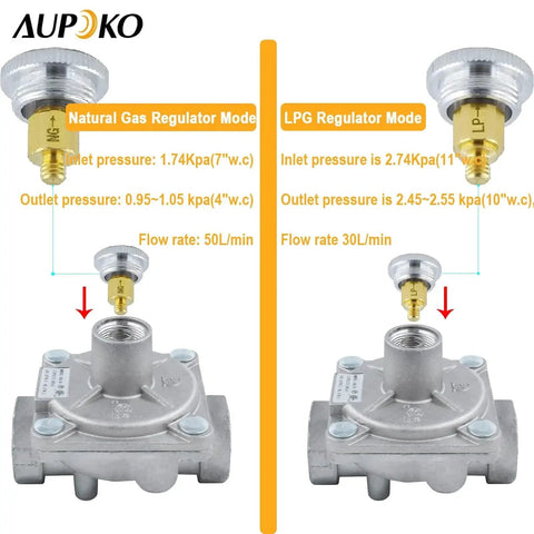 Diagram showing Half Inch Gas Pressure Regulator For Natural Gas And LPG Interchange With Two Brass Half Inch NPT Adapters Dual Modes