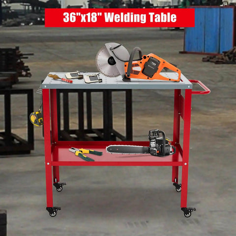 Movable Welding Table 36 By 18 Inch Heavy Duty Steel Workbench With 1200 Lbs Total Load Capacity displaying tools on workbench