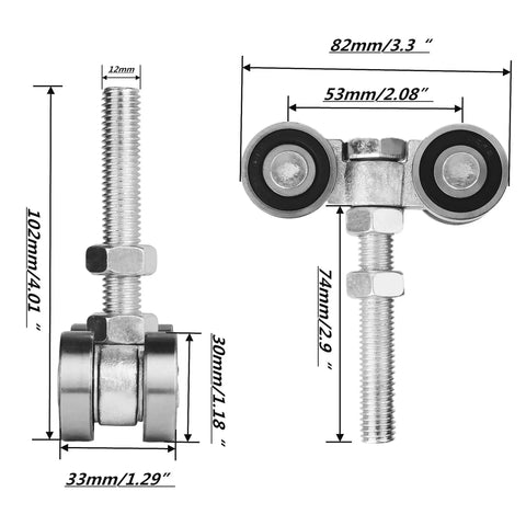Four Wheel Unistrut Trolley Assembly Roller in steel with M10 bolt, measures 102mm x 33mm, designed for quiet, smooth operation in strut channels.