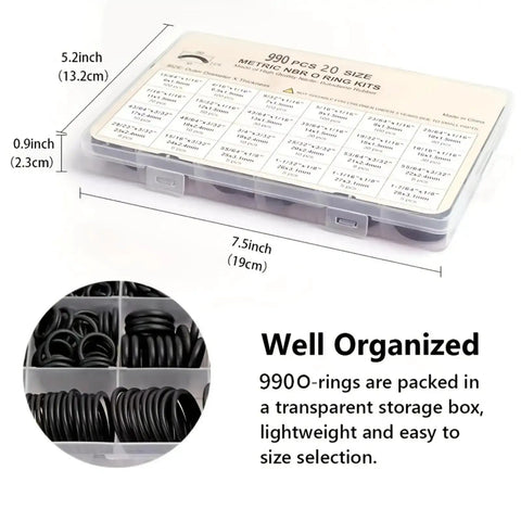 990-Piece Buna-N Nitrile O-Ring Kit With Multiple Sizes For Pressure Washers Auto And Plumbing Repairs Durable Black Set With Organized Storage For Easy DIY Fixes in clear storage box
