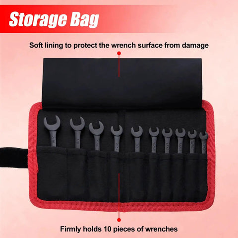 Mini SAE Ten Piece Wrench Set With Open End And Box End Wrenches Zipper Bag And Key Ring For Small Fasteners From Five Thirty Second To Seven Sixteenth Inch in opened storage bag showing soft lining and wrench slots.