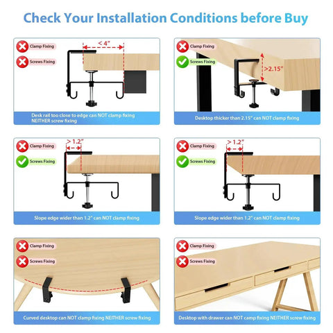 Instructions for installing huge 48 inch under desk cable management tray with clamp or screw mount, showing compatibility details.