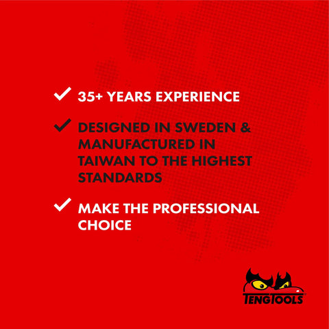 Red graphic with text: 35+ years experience, designed in Sweden, manufactured in Taiwan, make the professional choice, Teng Tools logo.