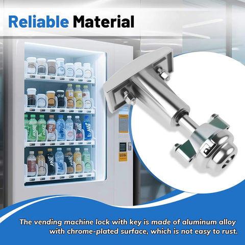 Close-up of heavy duty aluminum alloy vending machine lock with keys and T handle for candy snack soda machines, chrome plated surface.