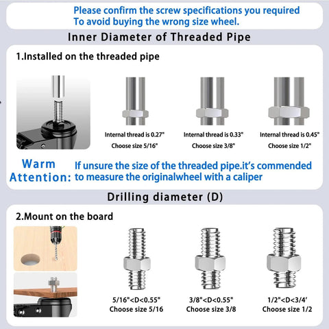 Diagram for selecting correct threaded pipe diameter and drilling diameter for 4 Inch Threaded Stem Swivel Casters.