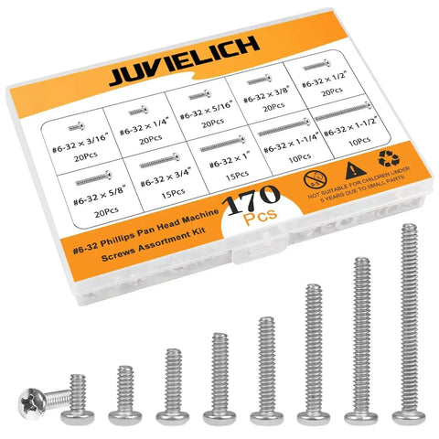 304 Stainless Steel Size 6-32 UNC Phillips Pan Head Machine Screws Assortment Kit In Ten Sizes From 3/16 Inch To 1-1/2 Inch For Cabinet Drawer Knob Pulls Pro Grade Hardware For Quick Fixes