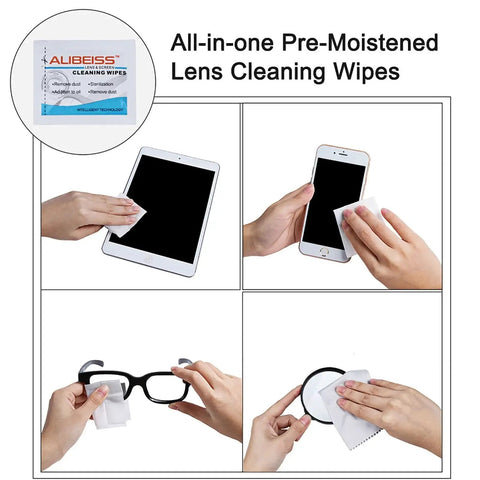 Pre Moistened Lens And Screen Wipes For Glasses Cameras Phones Pack Of 100 being used on tablet, phone, glasses, and camera lens.