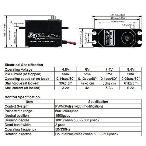 Specifications for High Torque 55Kg Low Profile Programmable Brushless Digital Servo For 1 To 10 Drift Cars 0.09Sec Speed