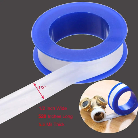 PTFE Pipe Sealant Tape 5.5 Mil Thick Waterproof Thread Sealant For Plumbing Fittings White Handles Extreme Temps shown in roll