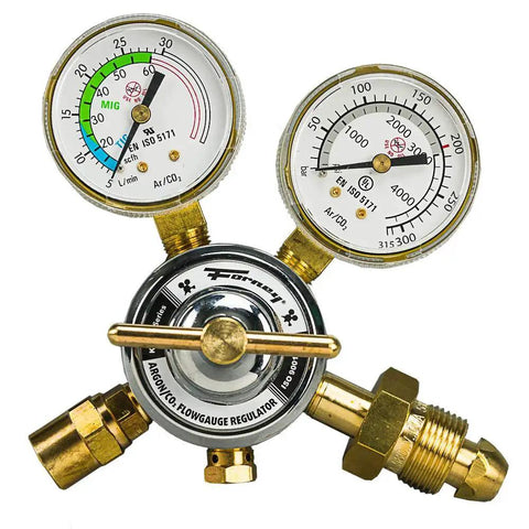 Argon CO2 Regulator Kit For Mig Welder 5/32 Inch with dual scale gauges, brass connectors, and polycarbonate lens, Forney 85363.