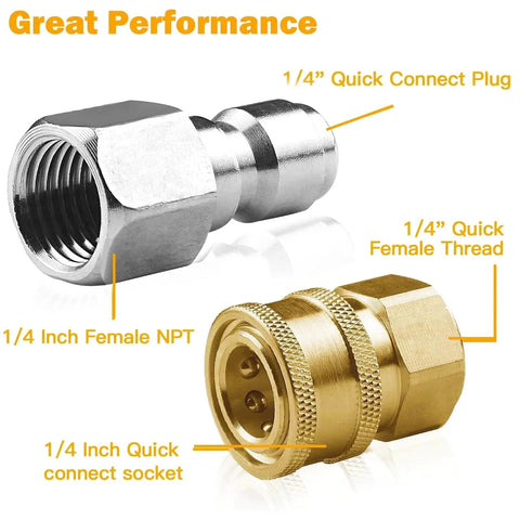 Eight Pack One Quarter Inch NPT Stainless Steel Quick Connect Fittings For Pressure Washers, Male And Female Internal Adapters