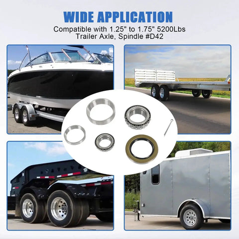 Boat Trailer Axle Bearings Kit Compatible with 5200 lb Axles featuring inner and outer bearings, races, seal, cotter pin.