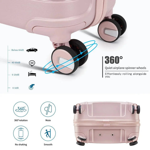 Lightweight Nude Pink 2 Piece Carry On Luggage Set with 20 Inch Hardside Spinner Case featuring 360-degree quiet wheels.