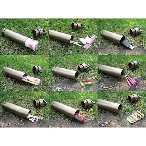Portable Survival Waterproof Pill Container for Outdoor EDC Gear, CNC Machined Aluminum, showing storage for pills, USB drives, cash, matches.