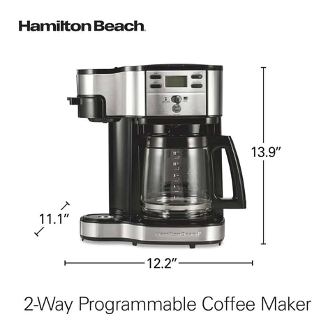 2 Way Programmable Coffee Maker With Single Serve And 12 Cup Glass Carafe Black With Stainless Steel Accents, front view, dimensions shown