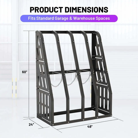 Heavy Duty 1500 Lb Capacity 4 Bay Vertical Bar Rack with welded steel frame for garage and warehouse storage