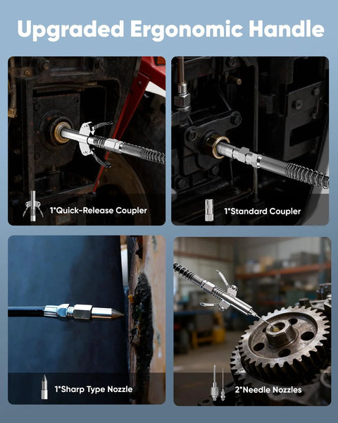 J-KU grease gun kit with ergonomic handle; includes quick-release and standard couplers, sharp nozzle, and 2 needle nozzles.