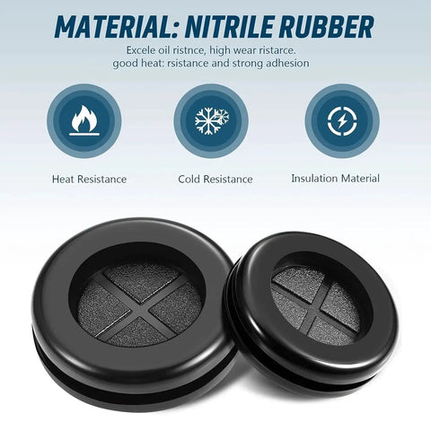 Round Rubber Grommet Kit 52 Pieces In 7 Sizes Black Double Sided Firewall Gasket, showcasing heat, cold, and insulation resistance.