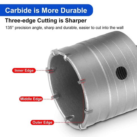 Close-up of cutting edge on Dry Core Drill Bit Set For Concrete, 6 Piece Kit With 30, 40, 50, And 68mm Core Bits features labeled edges.
