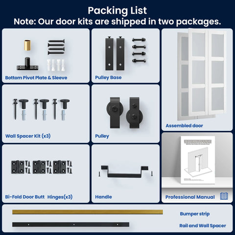 Packing list of 72 Inch By 84 Inch Bifold Barn Door With Frosted Glass Hardware Kit Included showing parts and assembly guide.