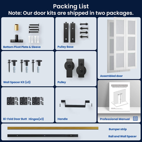 Packing list includes parts for White Frosted Glass Bifold Barn Door 48x84 Inches With Hardware Kit Included Pre Drilled Holes.