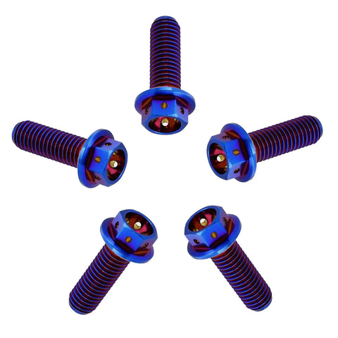 Burnt Blue Titanium Hex Head Flange Bolts M6x12mm Pack Of 5 GR5 Ti6Al4V Aviation Grade Titanium With PVD Finish, corrosion resistant.