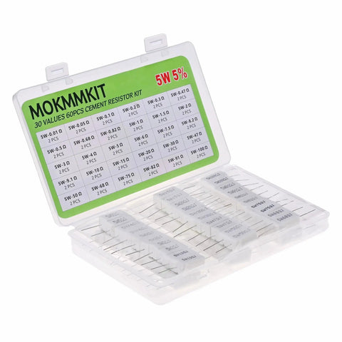 Front view of MOKMMKIT ceramic cement resistor kit in a clear case; 60 resistors, 5W ±5%, 0.01–100 Ω