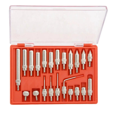 Set of precision metalworking tips in orange case, includes various sizes and shapes for dial indicator with magnetic base kit.