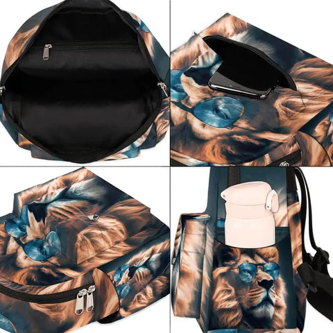 Mini Backpack Purse For Women Cute Small Daypack with lion print showing adjustable straps and pockets, city chic vibe.