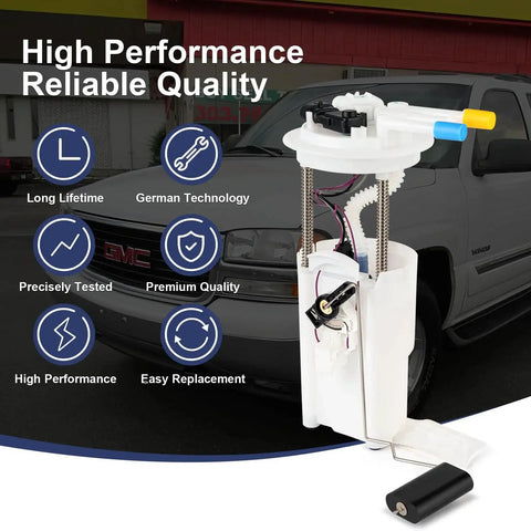 Electric Fuel Pump Module Assembly For Chevy Tahoe GMC Yukon Cadillac Escalade V8 4.8L 5.3L 6.0L Gas Only With Pressure Sensor No Brainer Replacement E3508M P74832M 67307 FG0324 Direct Fit Drop In OEM Style in front of GMC vehicle, product features highlighted.