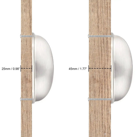 Side view showing depth measurements of 10 Pack Brushed Nickel Cabinet Pulls Cup Style Drawer Handles And Knobs With 3 Inch Center To Center Holes