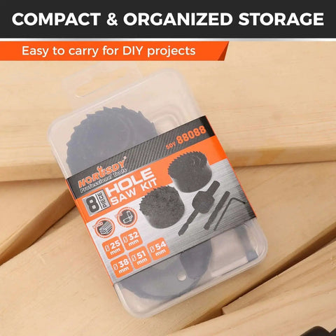 8 Piece Hole Saw Kit With Sizes 1 To 2 1/8 Inches For Soft Wood Plywood And PVC, Includes 2 Drill Bits, Mandrel And Hex Key