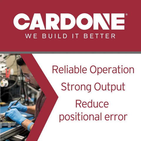 Technician working on machinery labeled "Cardone: Reliable Operation, Strong Output, Reduce Positional Error"