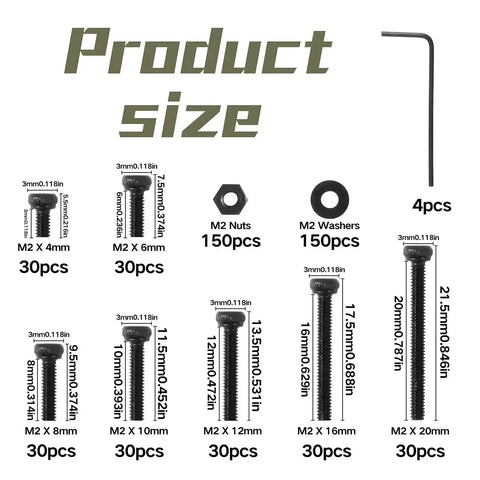 510 Pcs M2 Socket Cap Screws Kit With Nuts, Washers, And Wrench showing detailed sizes and quantities of screws, nuts, and washers