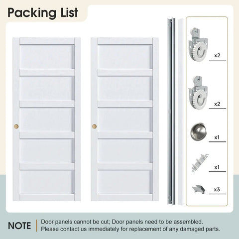 Sliding Closet Door 64x80 Inches 5 Panel Bypass Barn Doors With Concealed Hardware Track Kit White Finish Packing List