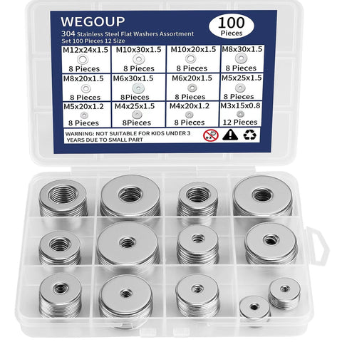 WEGOUP 304 stainless steel flat washers assortment kit in plastic case, 100 pieces, sizes M3–M12.