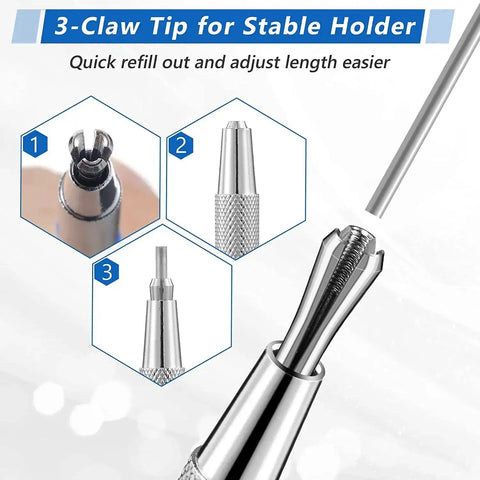 Close-up of 3-claw nib holder of Pro Grade Welding Pencil Marker Kit With 24 Silver Round Refills, showing refill mechanism.