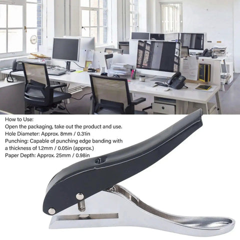 Ergonomic Handheld 1 Hole Paper Punch 8mm Diameter Full Metal Puncher displayed in an office setting