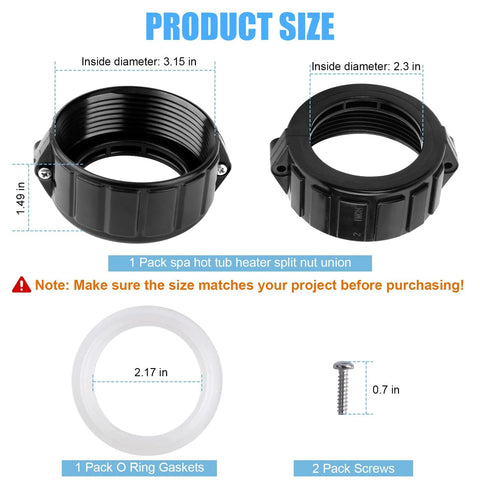 Front view of 2-inch spa heater split-nut unions with screws and white O-ring gasket