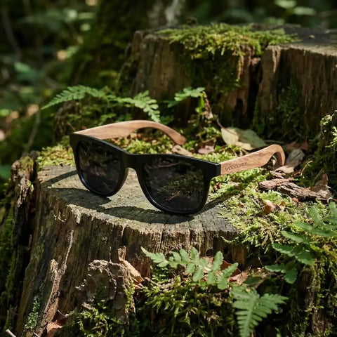 Walnut Wood Polarized Sunnies With Matte Finish Frame And Wooden Temples For Men And Women resting on a tree stump