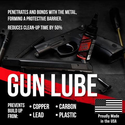 All In One Gun Lube Dope 100 Percent Pure Synthetic CLP with firearms parts and packaging, on black background