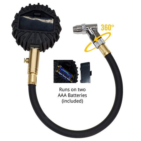 ElitePro Digital Tire Pressure Gauge JACO Superior with Pro Grade Accuracy up to 200 PSI, includes 360-degree swivel and batteries.