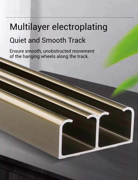 Close-up of Heavy Duty Double Sliding Door Rail Track Kit With Aluminum Ceiling Mount Barn Door Hardware for Kitchens and Cabinets.