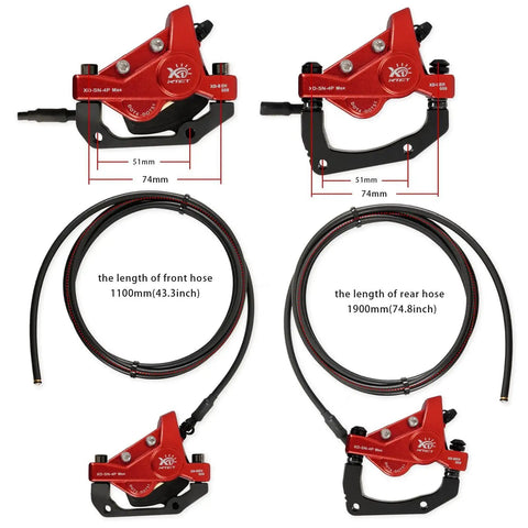 Front view of red 4-piston hydraulic brake kit for e-bike with 180mm rotors and long hoses