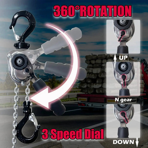 Chrome Mini Lever Block Hoist 1100lbs 5ft Come Along Chain Hoist with 360-degree rotation and 3-speed dial shown.