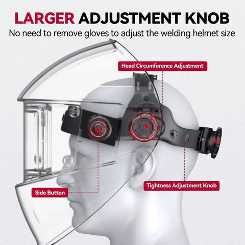 Larger adjustment knob on True Color Pro Grade Auto Darkening Welding Helmet with upgraded arc sensor for crisp vision.
