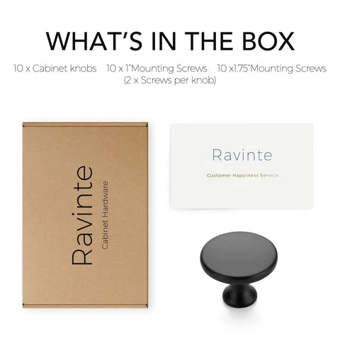 Ten Pack One And One Quarter Inch Matte Black Round Cabinet Knobs Zinc Solid Drawer Pulls box contents with screws and knob