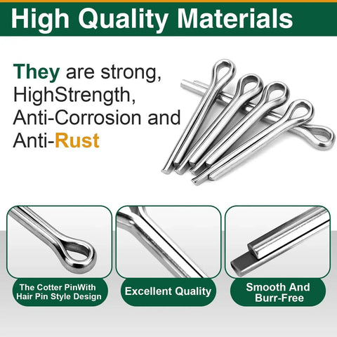100 Piece Cotter Pins Assortment Kit Stainless Steel 304 Split Pins Set for mechanical fastening showing high quality features