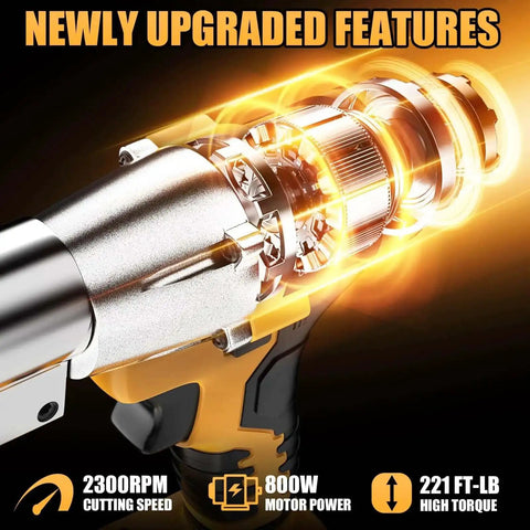 Close-up of Cordless Metal Shears Brushless 20V Max Tool Only with visible motor components and high torque of 221 ft lbs.