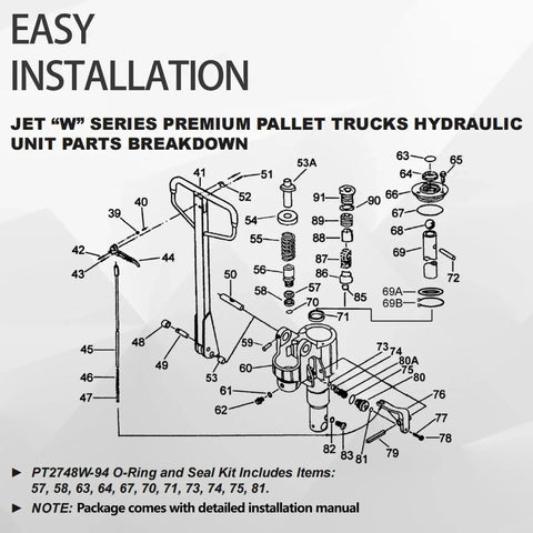 Illustration of Jet W pallet truck hydraulic unit parts showing O-Ring placements for Pro Grade O Ring Seal Kit For Jet W Pallet Jack Hydraulic Unit Replaces PT2748W PT2748LW PT2748L And Variants Fixes Leaks Boosts Load Lifting Smoothness Quiets Groans Easy Install.